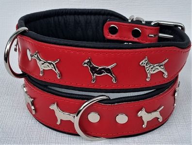 Bullterrier Hundehalsband - Halsumfang 42-50 cm, LEDER, ROT-Schwarz
