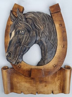 Holzbild Pferdekopf im Hufeisen Wandrelief Schnitzerei Handarbeit Massivholz W2