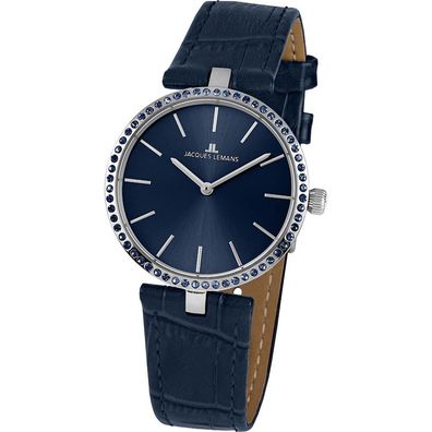 Jacques Lemans Damen Uhr 1-2024I Milano mit Swarovski Kristalle Leder blau