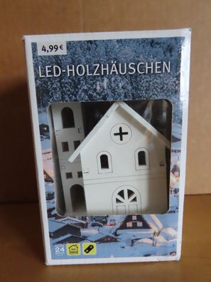 Holz-Häuschen weiß Kirche mit LED Warmweiß( Knopfzellen)