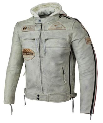 Motorrad & Freizeit Herren Leder Jacke Biker Custom Lamm Leder Jacket weiß mit Hoodie