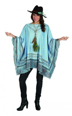 blauer Poncho Umhang m Fransen Mexikaner Western Hippie Wildlederoptik Kostüm