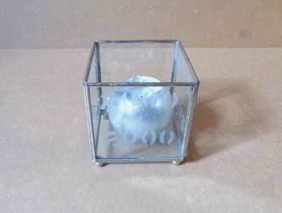 Glas Windlicht Tischdeko Würfel "2000" Viereck Kerzenständer + Kugelkerze silber