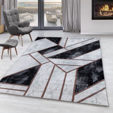 Wohnzimmerteppich Kurzflor Design Teppich Marmor Muster Abstrakt Linien Bronze