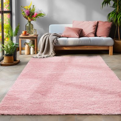 Hochflor Teppich Shaggy Langflor Uni Einfarbig Wohnzimmer Pink Oeko Tex
