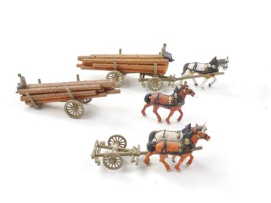 Preiser N 9477 2x Figur Pferdegespann Langholzwagen mit Landarbeiter E624