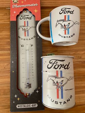 Ford Mustang 3er Geschenkset Thermometer Kaffeetasse und Spardose