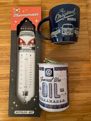 VW Bulli T1 3er Geschenkset Thermometer Kaffeetasse und Spardose