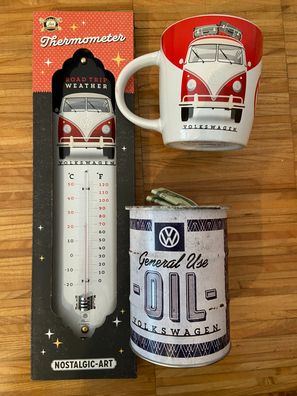 VW Bulli T1 rot 3er Geschenkset Thermometer Kaffeetasse und Spardose