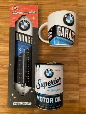 BMW Garage 3er Geschenkset Thermometer Kaffeetasse und Spardose