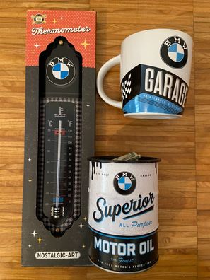 BMW Garage schwarz 3er Geschenkset Thermometer Kaffeetasse und Spardose