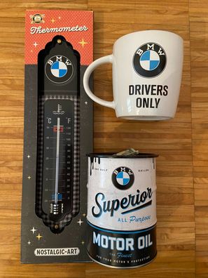 BMW Parking Only schwarz 3er Geschenkset Thermometer Kaffeetasse und Spardose
