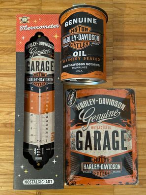 Harley Davidson Garage 3er Geschenkset Thermometer Blechschild 20 x 15 und Spardose