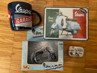 Vespa Garage 4er Geschenkset Blechschild Modell 1:18 Dose Kaffeetasse