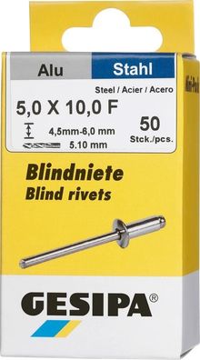 Blindniet Alu/ Stahl Flachrundkopf Mini-Pack 5x10mm a 50Stück GESIPA
