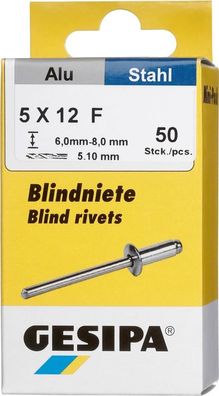 Blindniet Alu/ Stahl Flachrundkopf Mini-Pack 5x12mm a 50Stück GESIPA
