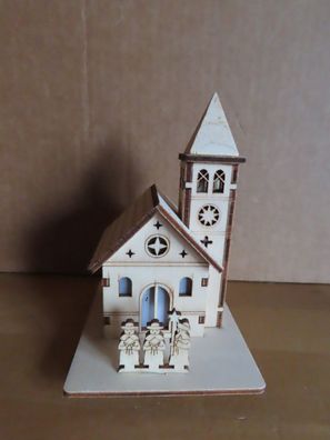 Holz-Häuschen natur Holz Kirche mit LED Warmweiß( Knopfzellen)Deliga