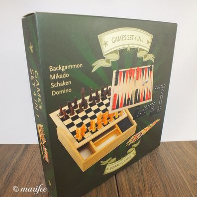 Reise-Spiele-Set 4 in 1, Holz, Schach, Backgammon, Mikado Art.-Nr. 11137