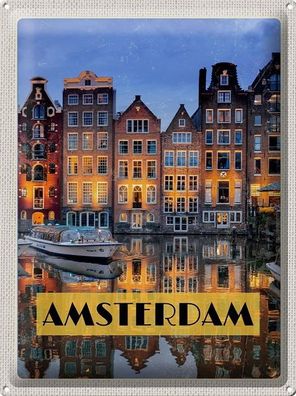 Blechschild 40 x 30 cm Urlaub Reise Amsterdam Fluss bei Nacht