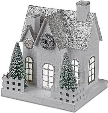 Dekoration Weihnachten Papier- Haus weiss/ silber mit Licht