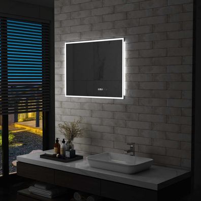 LED-Badspiegel mit Beréhrungssensor und Zeitanzeige 80x60 cm