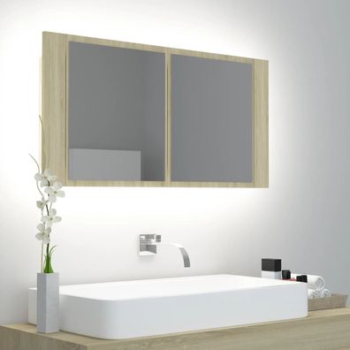 LED-Bad-Spiegelschrank Sonoma-Eiche 90x12x45 cm Acryl
