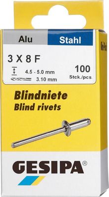 Blindniet Alu/ Stahl Flachrundkopf Mini-Pack 3x8mm a 100Stück GESIPA
