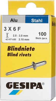 Blindniet Alu/ Stahl Flachrundkopf Mini-Pack 3x6mm a 100Stück GESIPA