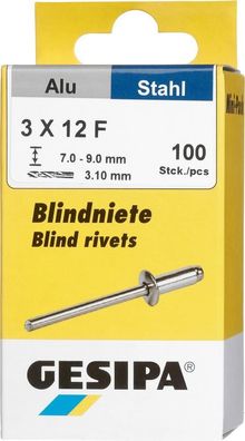 Blindniet Alu/ Stahl Flachrundkopf Mini-Pack 3x12mm a 100Stück GESIPA