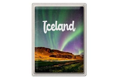 Blechschild 40 x 30 cm Urlaub Reise Iceland Polarlichter bei Berg