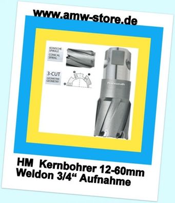 Hartmetall-Kernbohrer HM Weldon 19/ =3/4" größe 12-35 mm- Schnittiefe 50mm HM Best