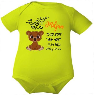 Kurzarm Baby Body personalisiert mit Motiv TEDDY und Geburtsdaten