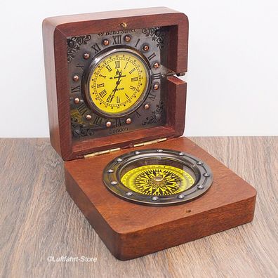 Retro-Kompass mit Uhr in einer Holzkiste 49 Bond Street London Art.-Nr. 12114