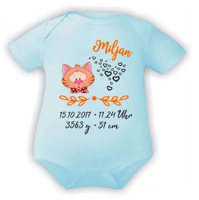 Kurzarm Baby Body personalisiert mit Motiv KATZE und Geburtsdaten