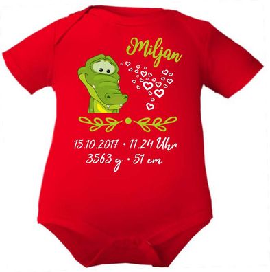 Kurzarm Baby Body personalisiert mit Motiv Krokodil und Geburtsdaten