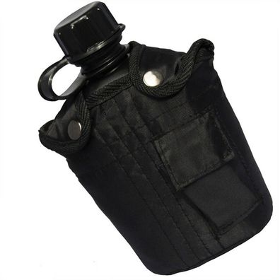 MFH US Kunststoff Feldflasche 1 Liter, Hülle schwarz mit Außentasche, BPA-?frei