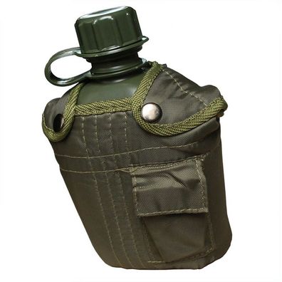 MFH US Kunststoff Feldflasche 1 Liter, Hülle oliv mit Außentasche, BPA-frei