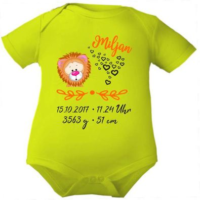 Kurzarm Baby Body personalisiert mit Motiv LÖWE und Geburtsdaten