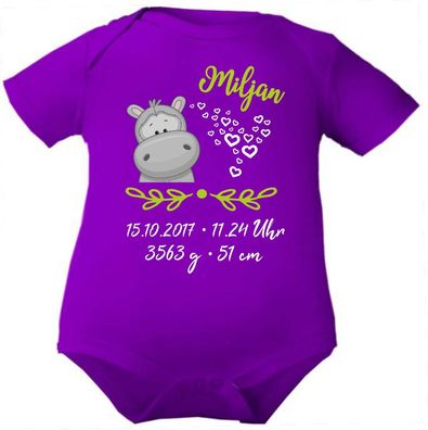 Kurzarm Baby Body personalisiert mit Motiv Nilpferd und Geburtsdaten