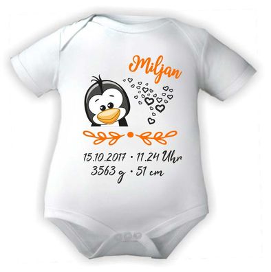 Kurzarm Baby Body personalisiert mit Motiv Pinguin und Geburtsdaten