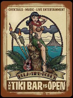 Holzschild 30x40 cm - Pin Up TIKI Bar is Open Cocktail Music