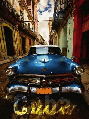 Holzschild 30x40 cm - Cuba blaues Auto