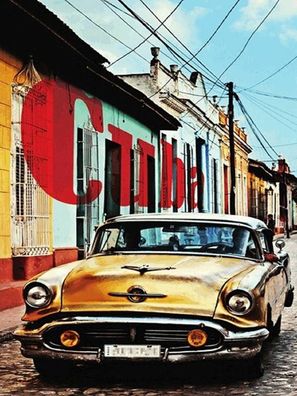Holzschild 30x40 cm - Cuba altes gelbes Auto Oldtimer
