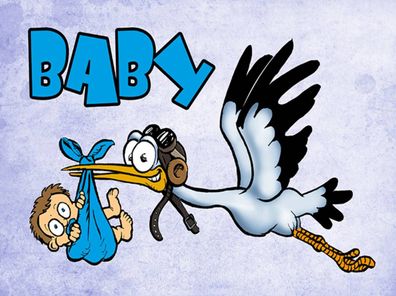 Holzschild 30x40 cm - Baby Storch bringt Kind in blau