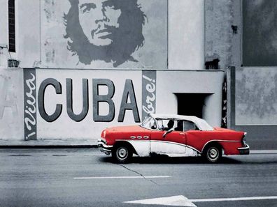 Holzschild 30x40 cm - Cuba Guevara Auto rot Oldtimer