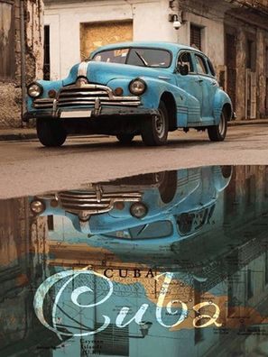 Holzschild 30x40 cm - Cuba Auto blau Oldtimer