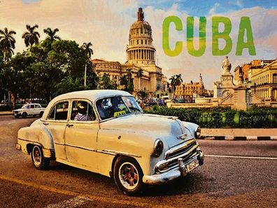 Holzschild 30x40 cm - Cuba Auto weißer Oldtimer