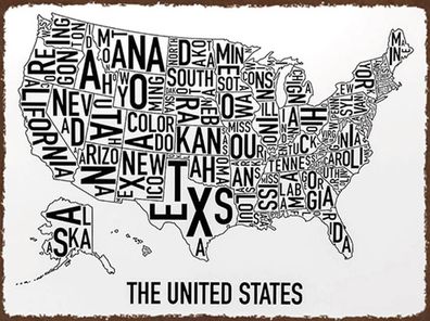 Blechschild 30x40 cm - Karte The United States Texas Kansas
