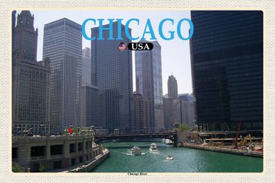 Holzschild 18x12 cm - Chicago USA Chicago River Fluss Hochhäuser