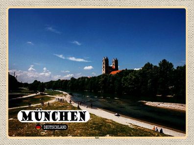 Holzschild 30x40 cm - München Isar Schloss Fluss